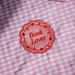 Book Lover tote bag with bows and pink gingham fabric, embroidered design, reader gift