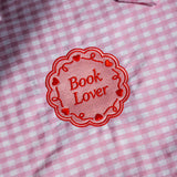 Book Lover tote bag with bows and pink gingham fabric, embroidered design, reader gift