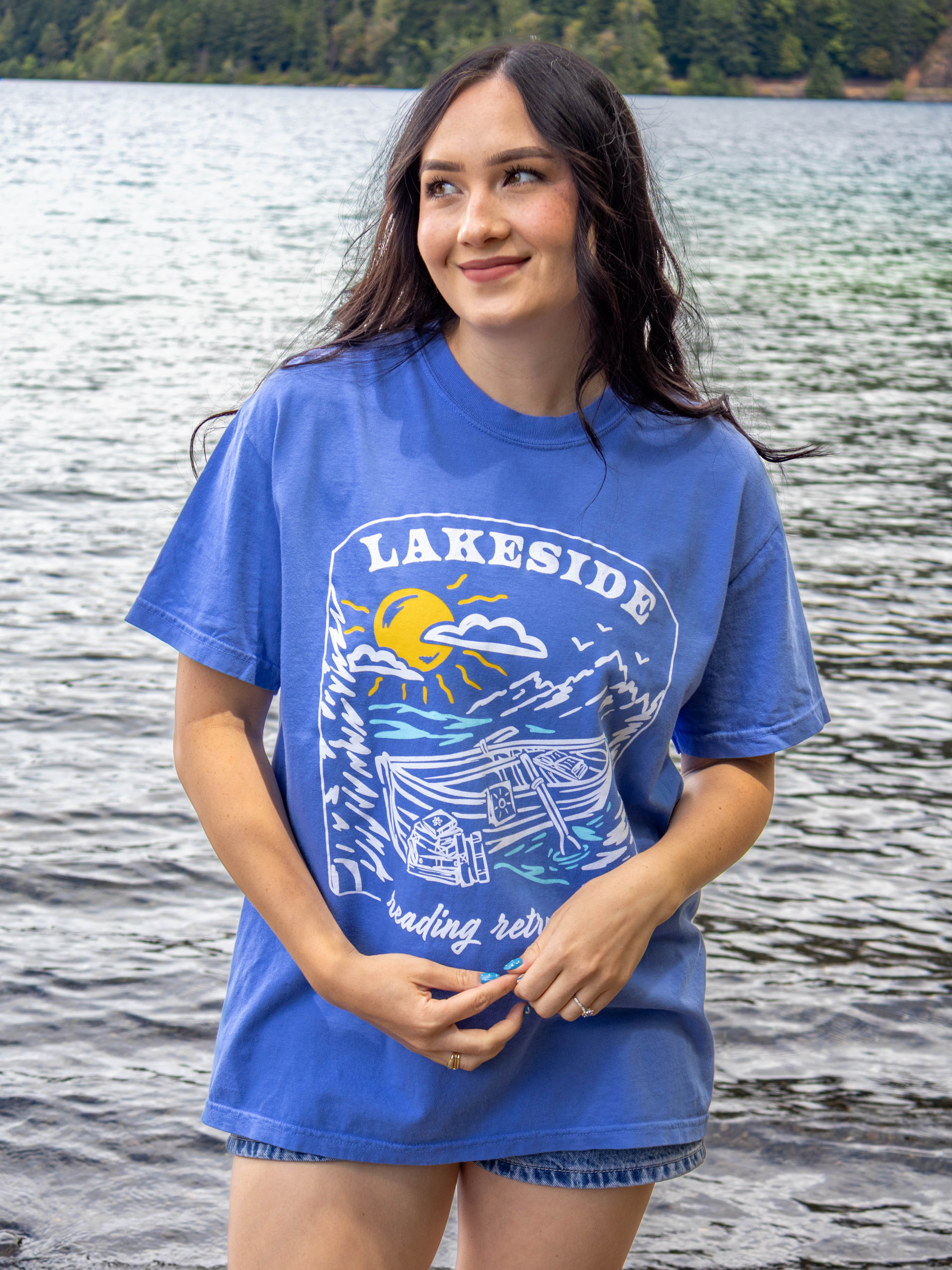 Bookish summer tee shirt, comfort colors, lakeside reading retreat, gift for book lovers
