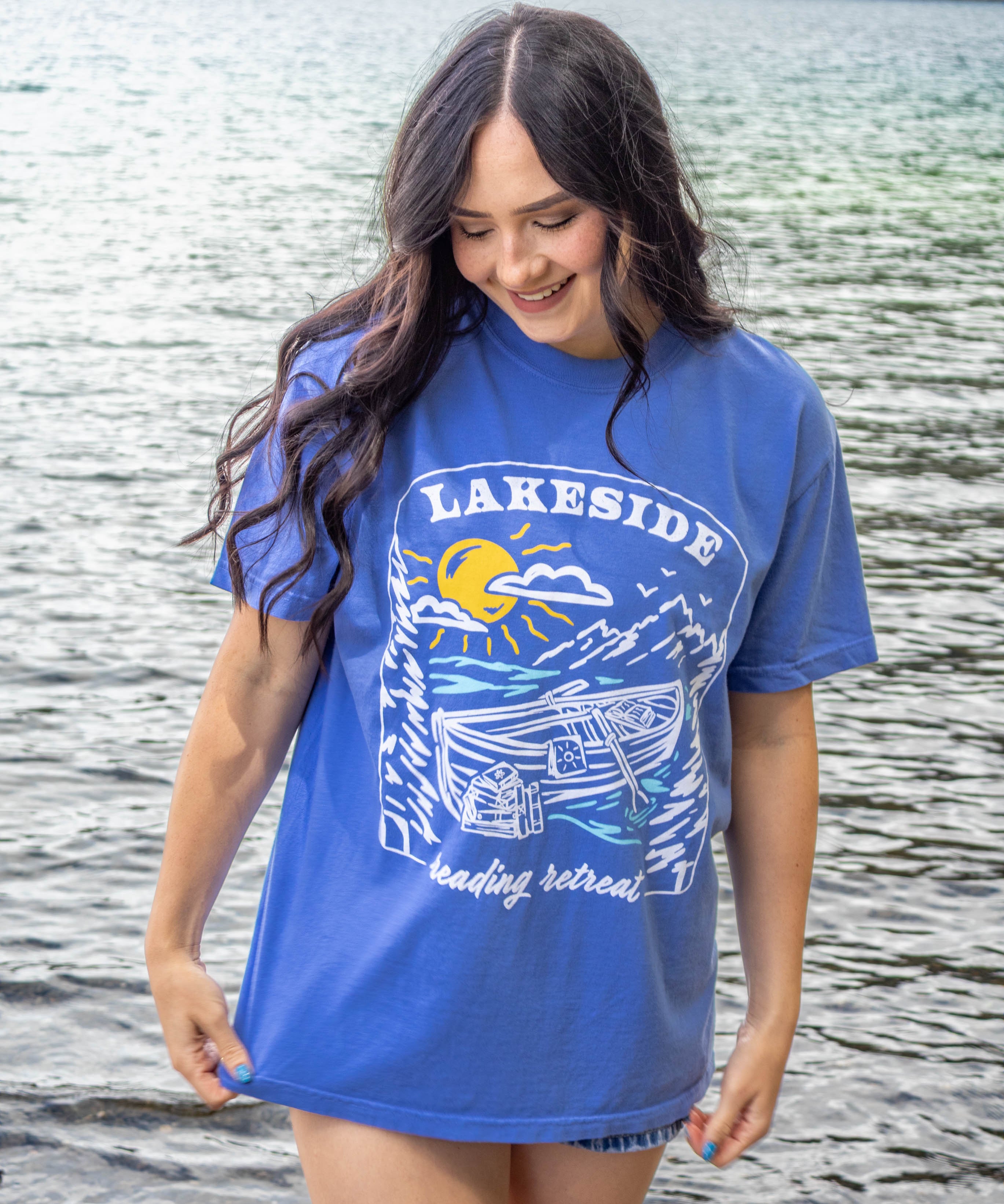 Bookish summer tee shirt, comfort colors, lakeside reading retreat, gift for book lovers