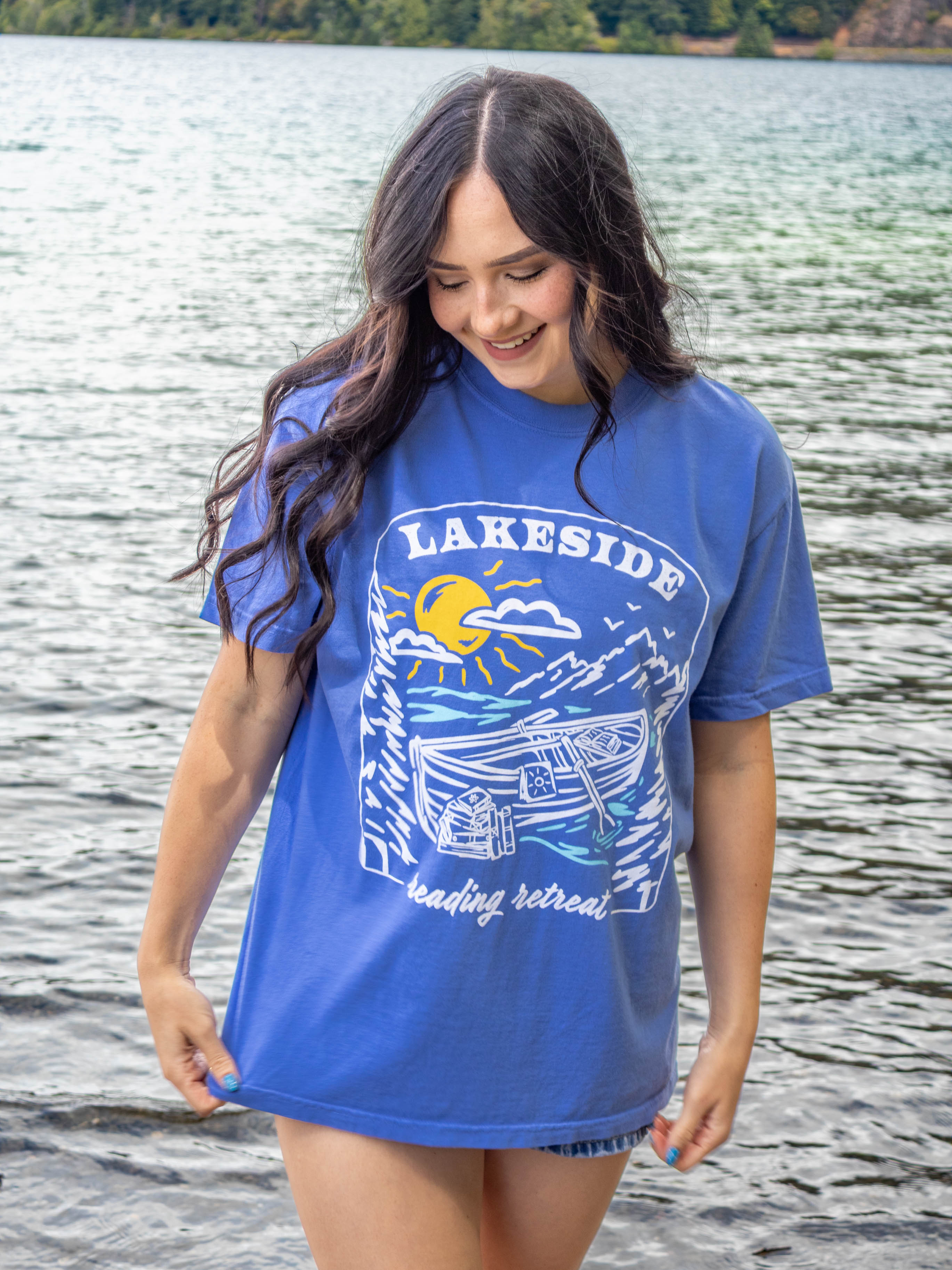 Bookish summer tee shirt, comfort colors, lakeside reading retreat, gift for book lovers