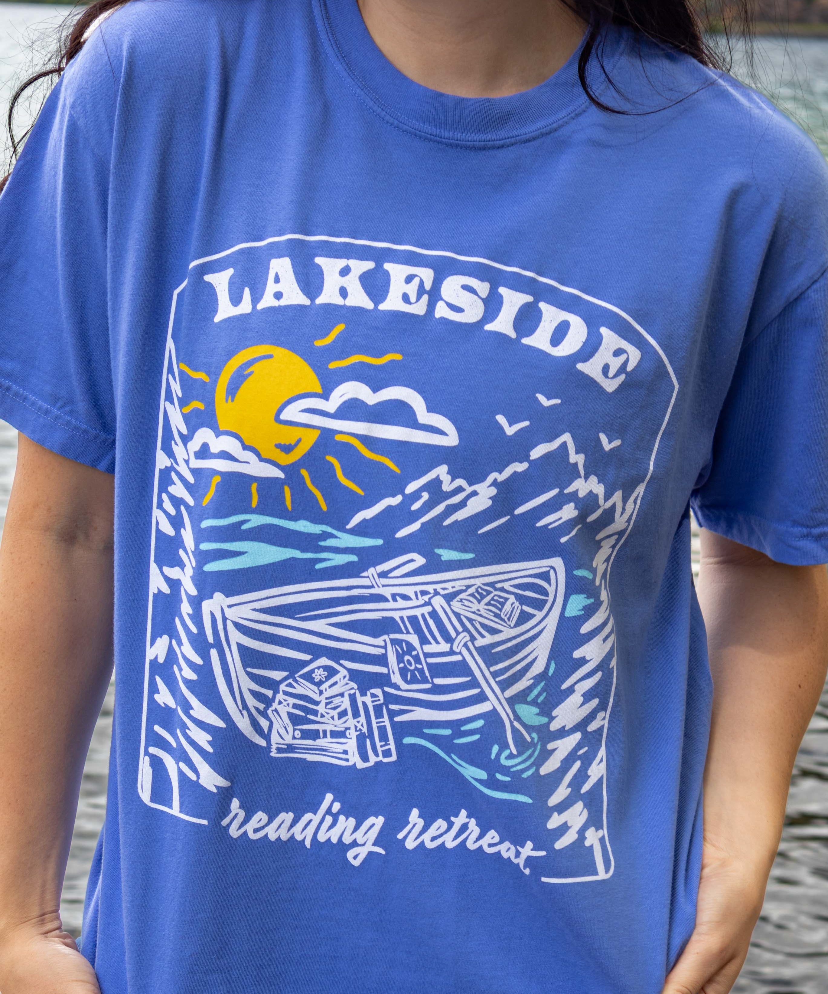 Bookish summer tee shirt, comfort colors, lakeside reading retreat, gift for book lovers