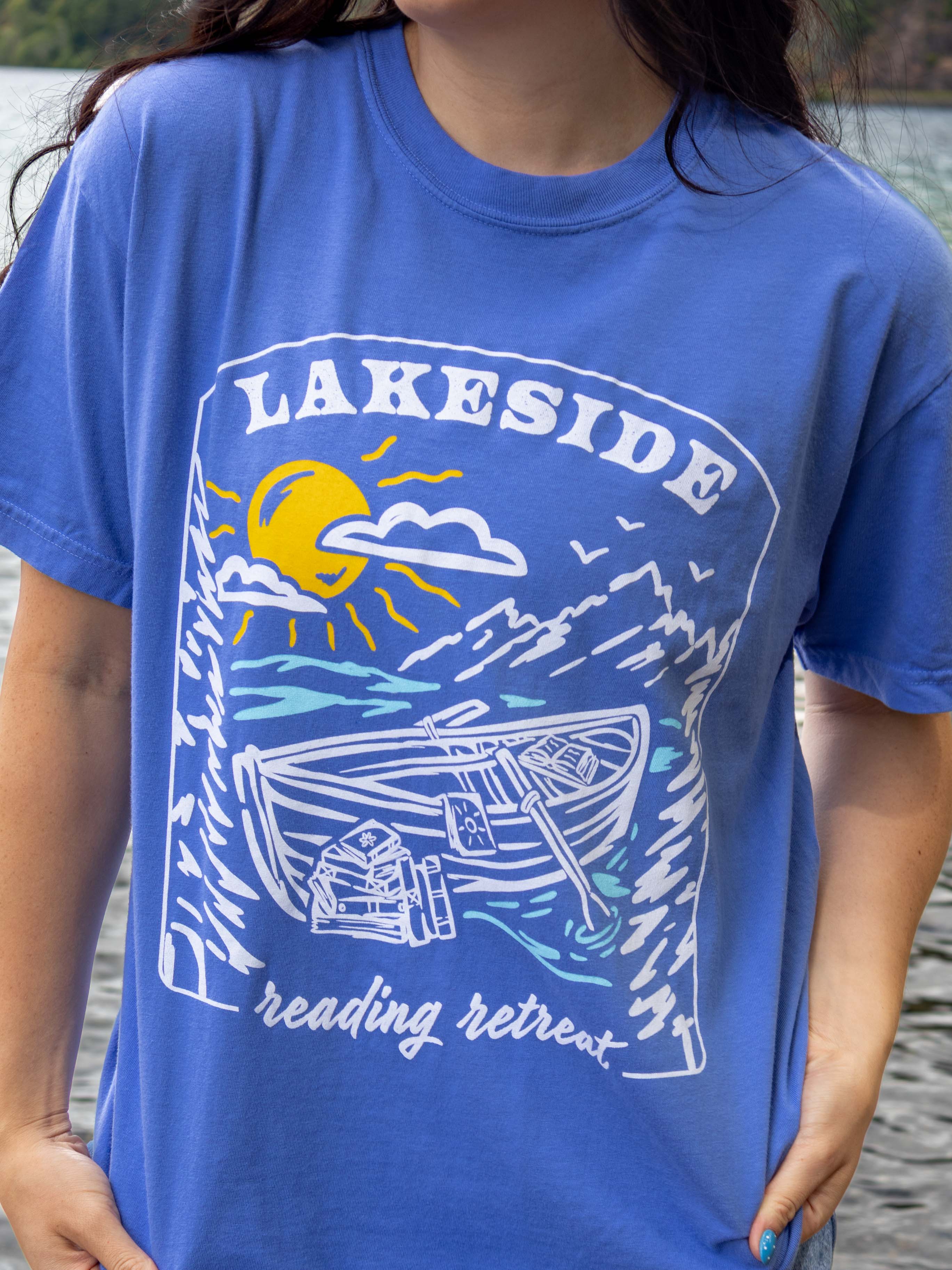 Bookish summer tee shirt, comfort colors, lakeside reading retreat, gift for book lovers