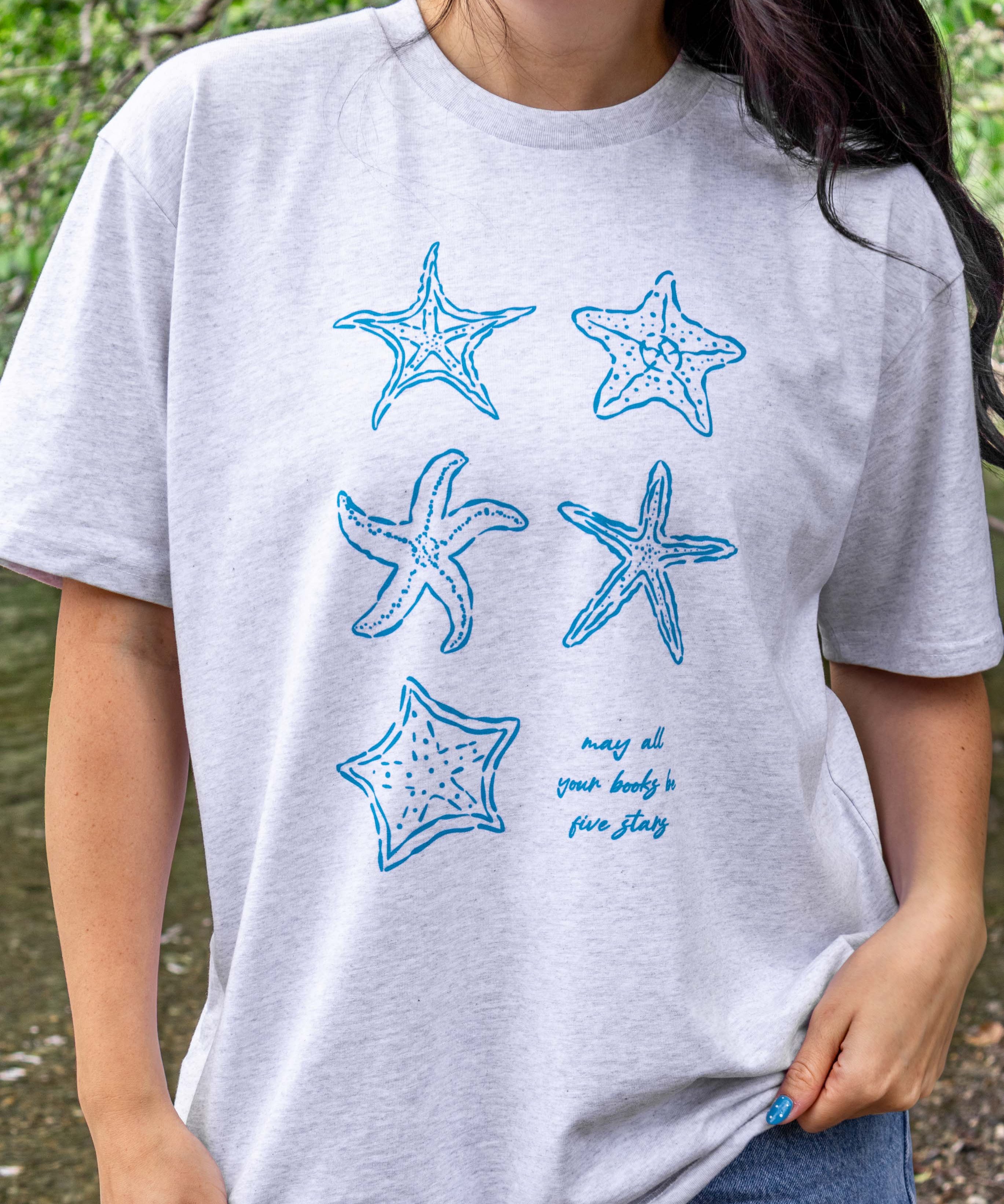 Bookish summer tee shirt, heather, may all your books be five stars, gift for book lovers, book merch, star fish