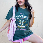 A green t-shirt More Fantasy Less Reality, with a bookish graphic, Fantasy Romance merch, Gift for readers