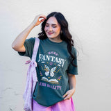 A green t-shirt More Fantasy Less Reality, with a bookish graphic, Fantasy Romance merch, Gift for readers
