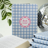 book lover kindle case, blue gingham pattern with "book lover" design in pink, bookish gift e-reader case