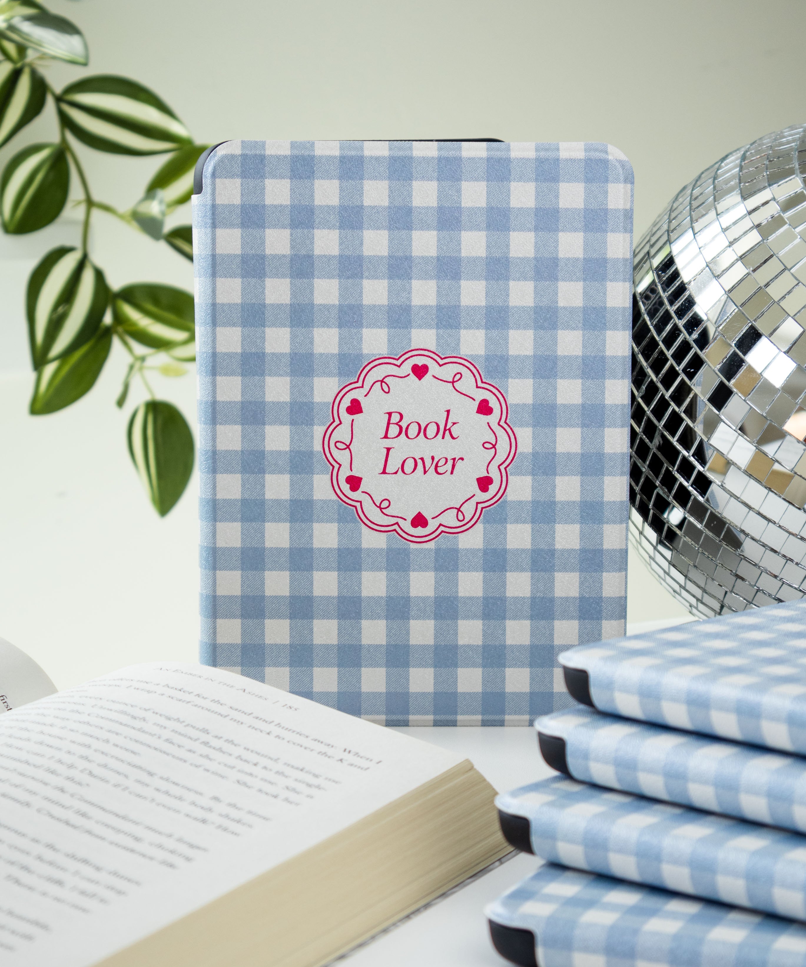 book lover kindle case, blue gingham pattern with "book lover" design in pink, bookish gift e-reader case
