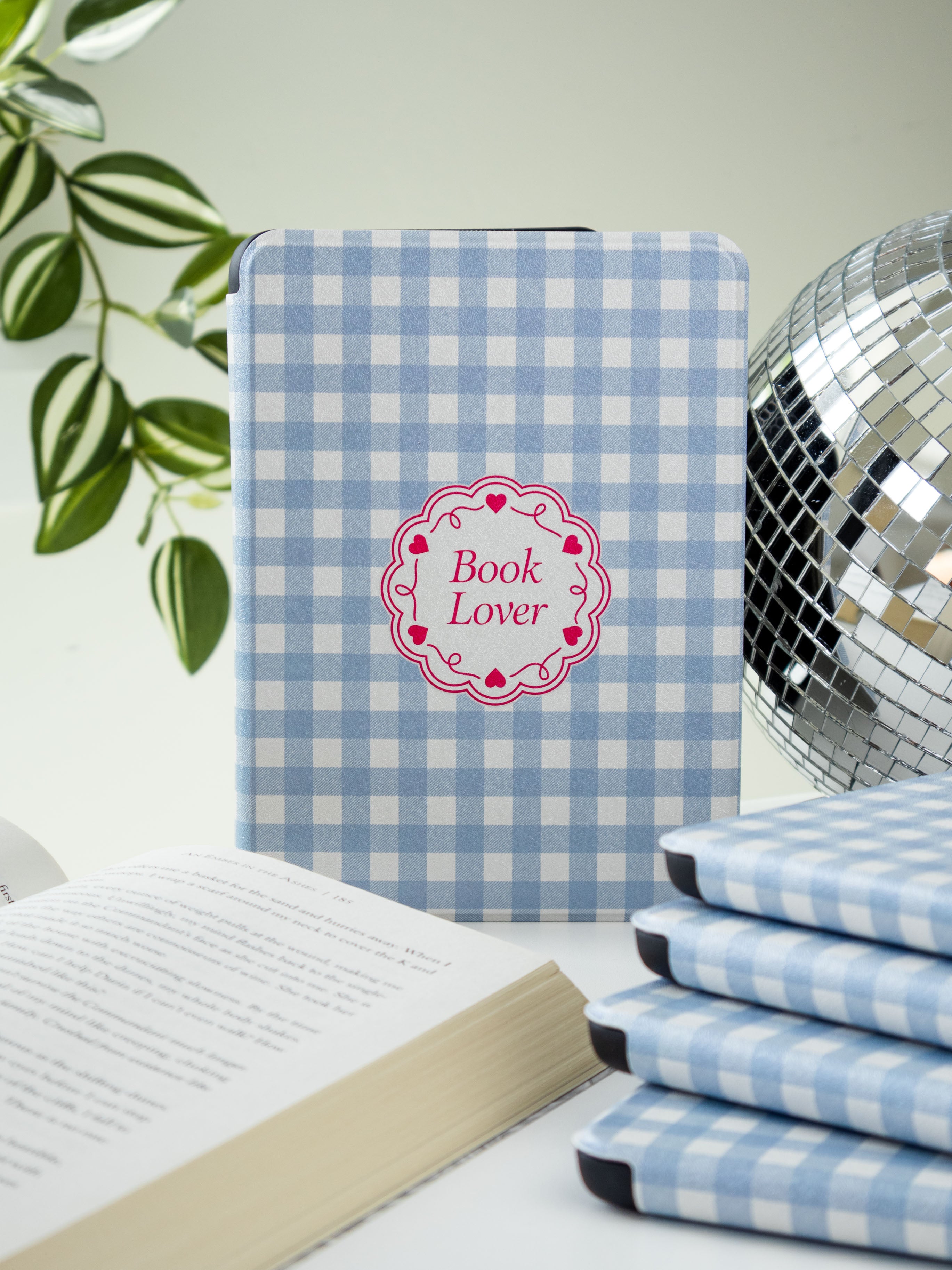 book lover kindle case, blue gingham pattern with "book lover" design in pink, bookish gift e-reader case