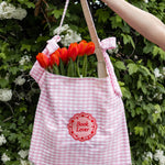 Book Lover tote bag with bows and pink gingham fabric, embroidered design, reader gift aesthetic