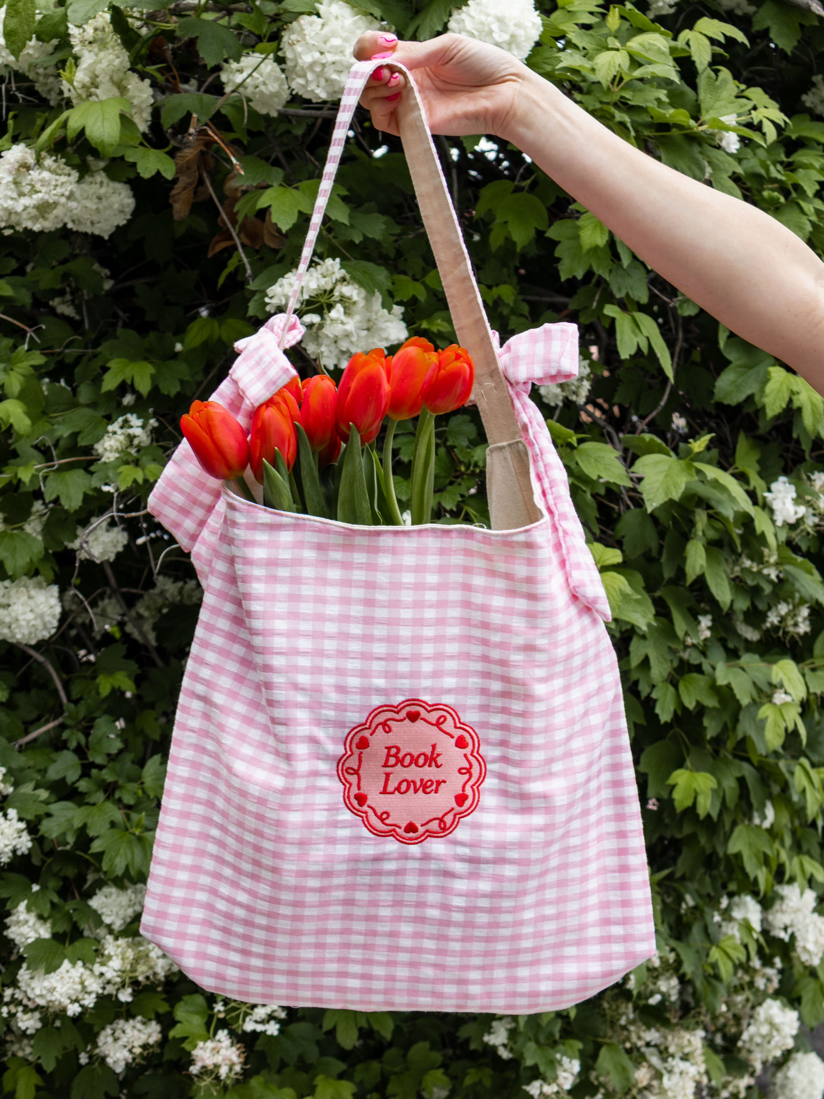 Book Lover tote bag with bows and pink gingham fabric, embroidered design, reader gift aesthetic