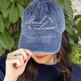 Book Lover dad hat vintage denim wash embroidered design, adjustable strap