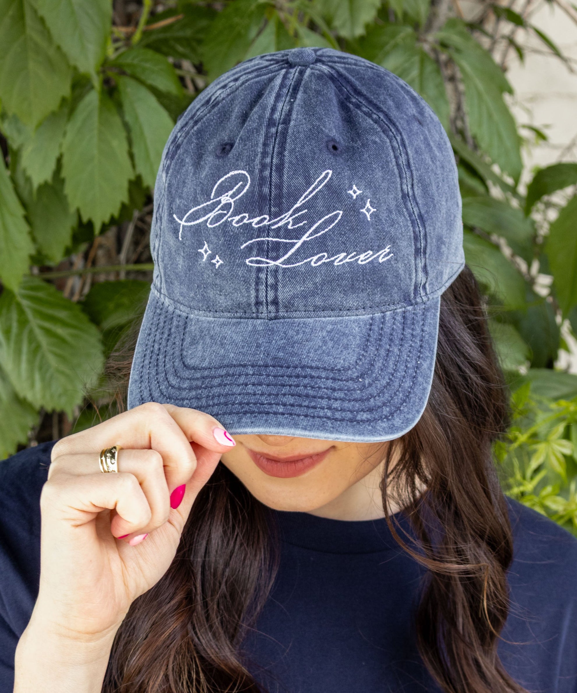 Book Lover dad hat vintage denim wash embroidered design, adjustable strap