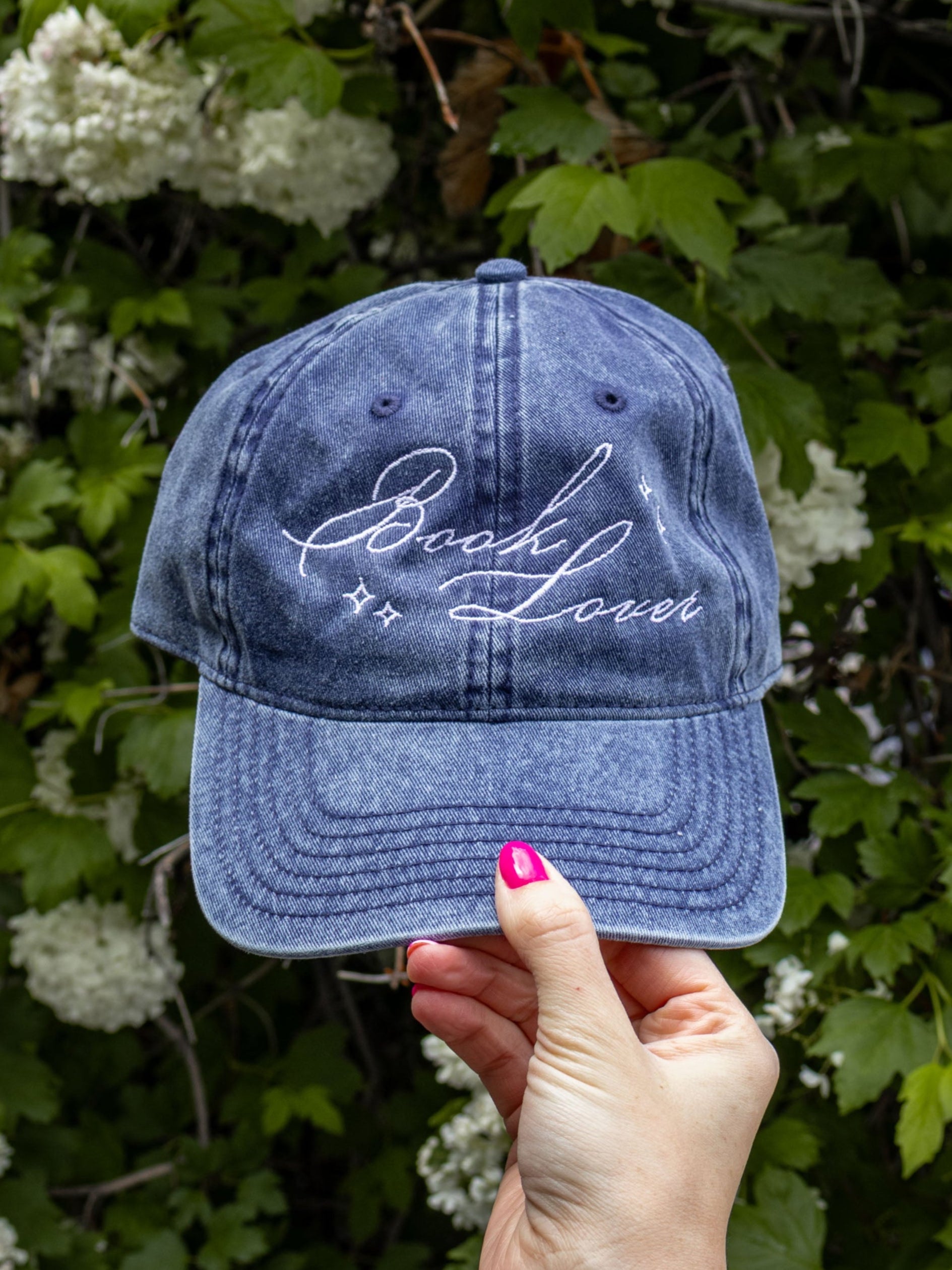 Book Lover dad hat vintage denim wash embroidered design, adjustable strap