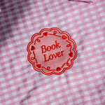 Book Lover tote bag with bows and pink gingham fabric, embroidered design, reader gift 