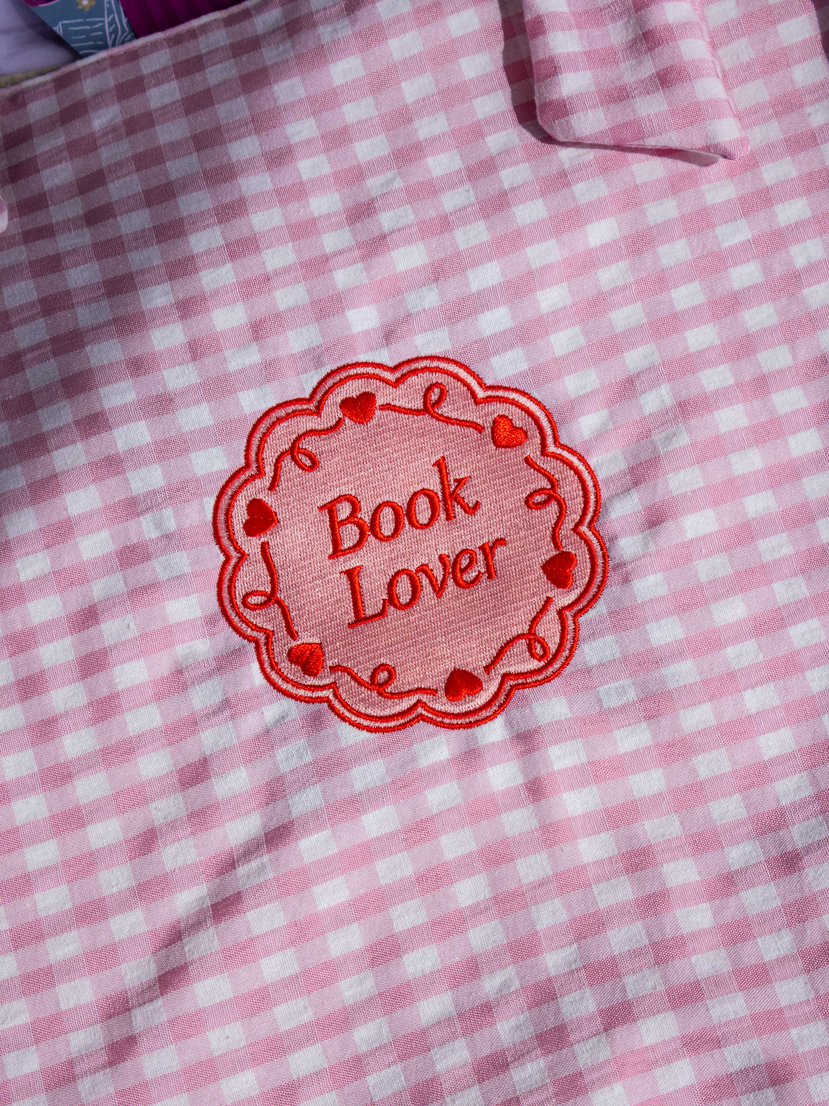 Book Lover tote bag with bows and pink gingham fabric, embroidered design, reader gift 