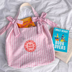 Book Lover tote bag with bows and pink gingham fabric, embroidered design, reader gift aesthetic