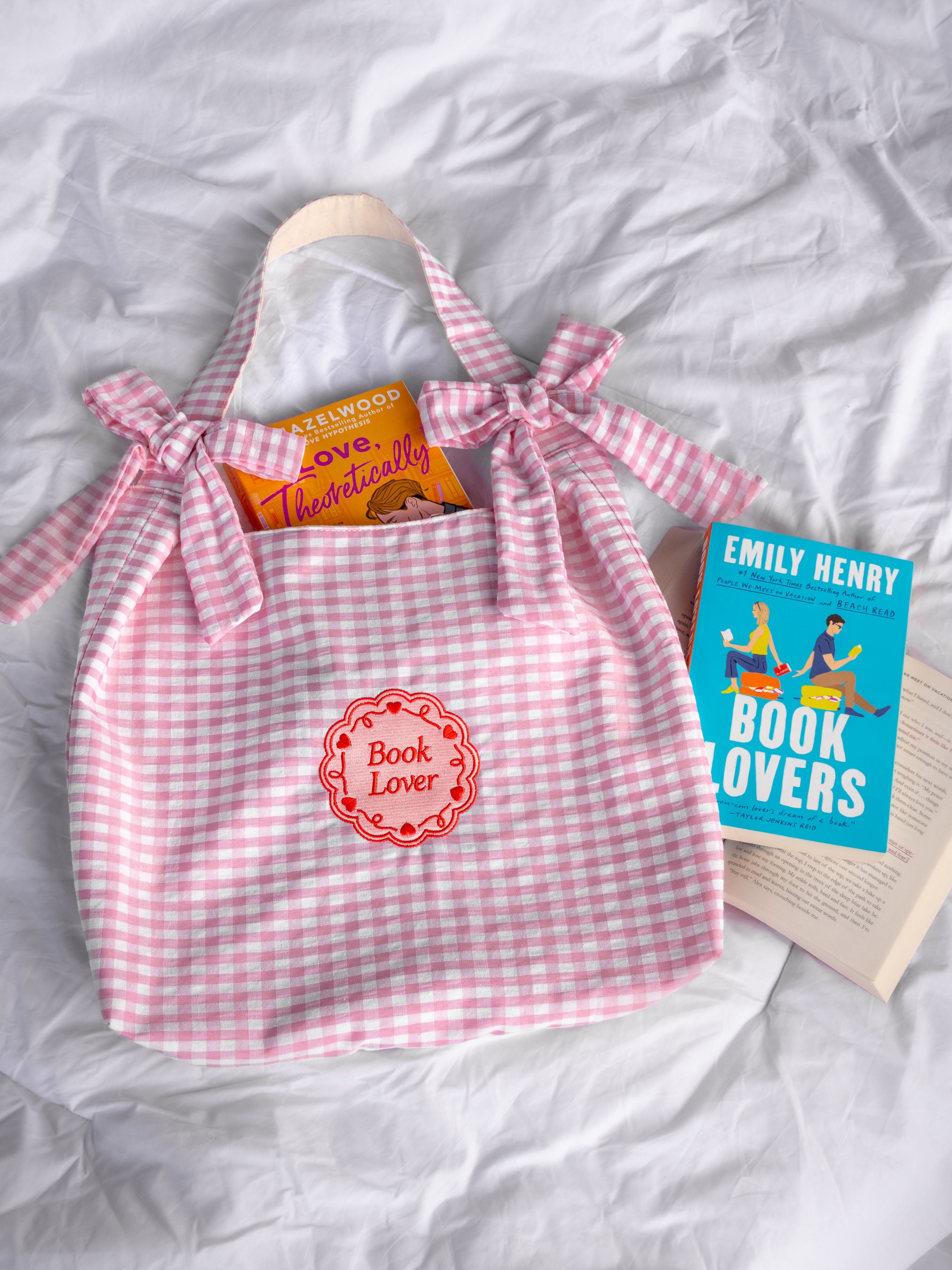 Book Lover tote bag with bows and pink gingham fabric, embroidered design, reader gift aesthetic