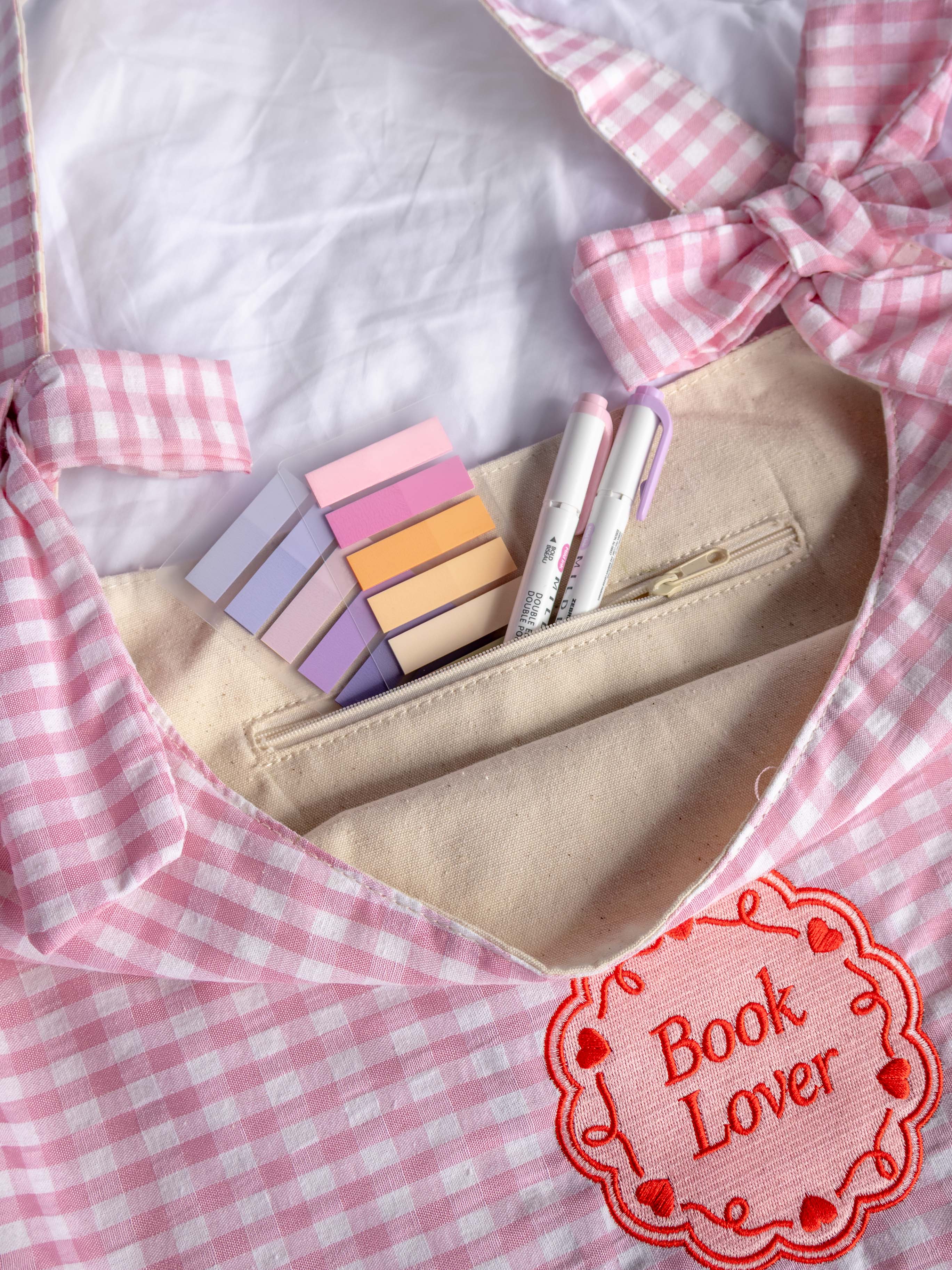 Book Lover tote bag with bows and pink gingham fabric, embroidered design, reader gift, zipper