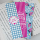 Book lover bookmark set rounded corners, pink and gingham, strawberries