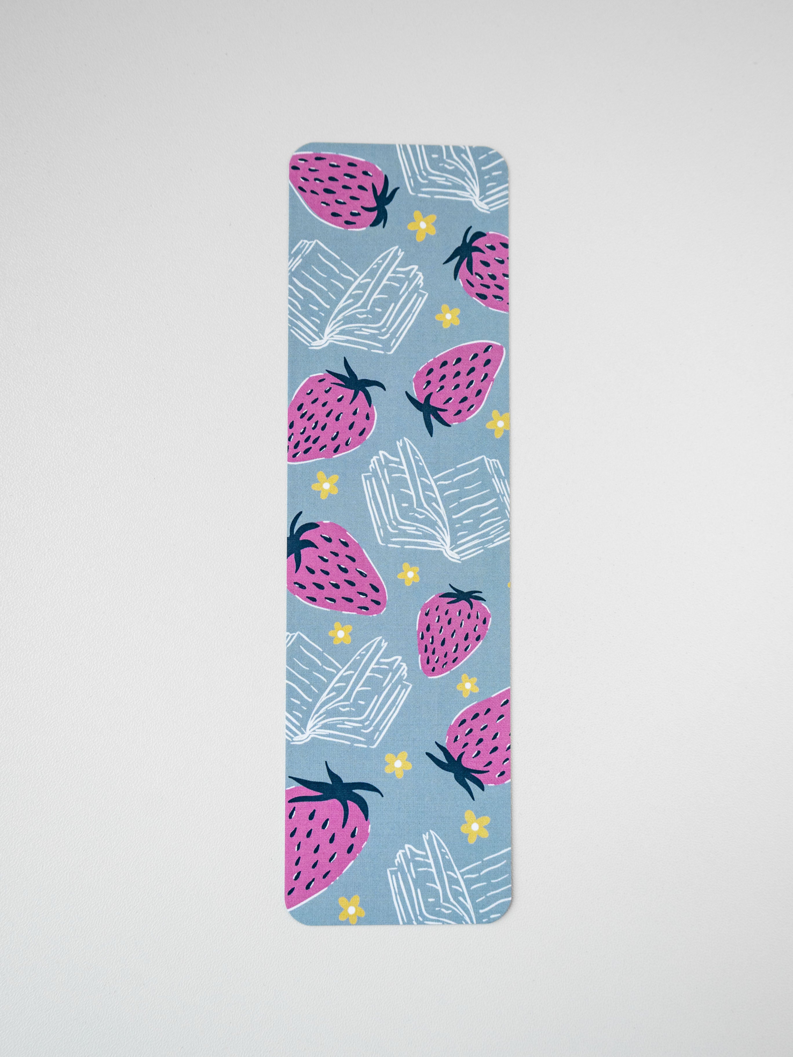 bookmark, blue and pink with strawberries