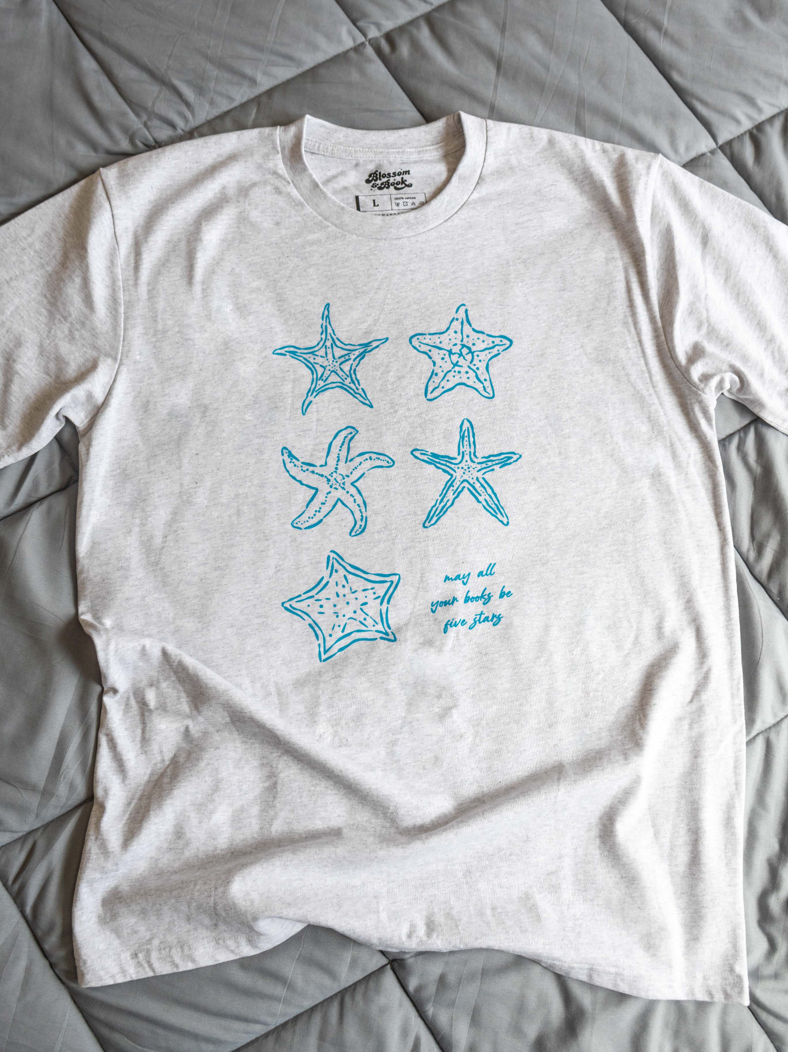 Bookish summer tee shirt, heather, may all your books be five stars, gift for book lovers, book merch, star fish