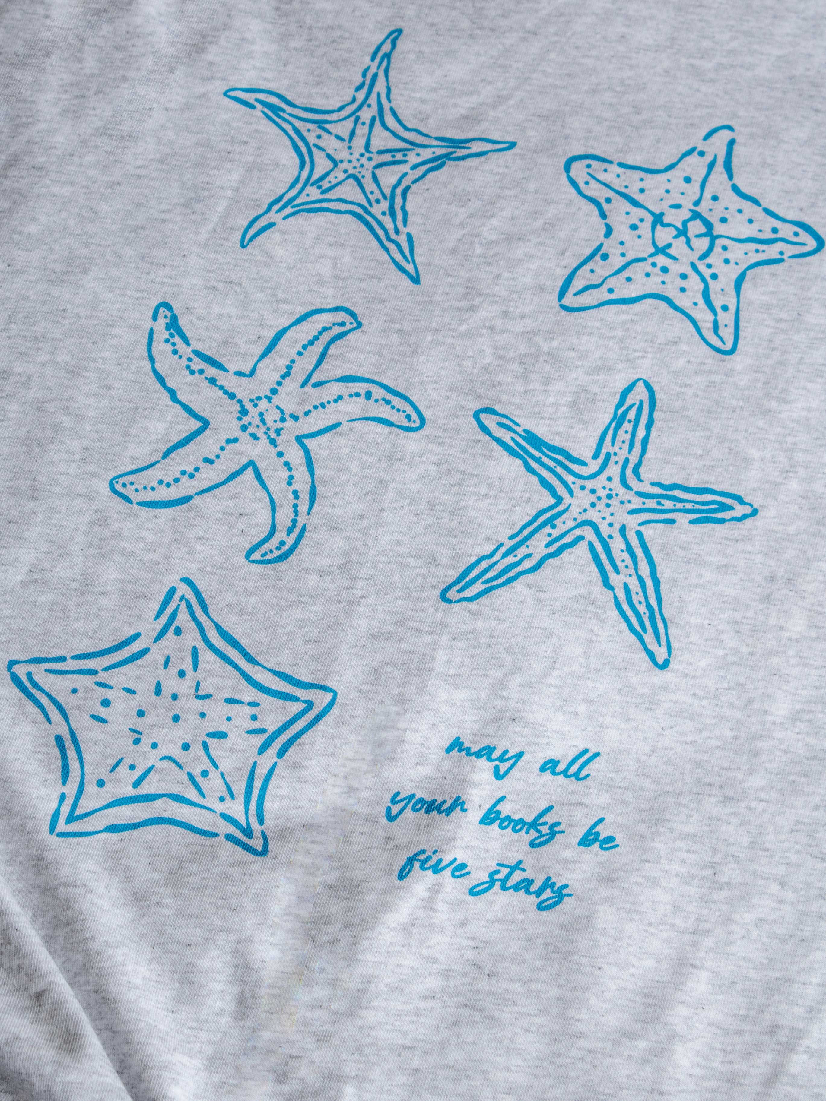 Bookish summer tee shirt, heather, may all your books be five stars, gift for book lovers, book merch, star fish