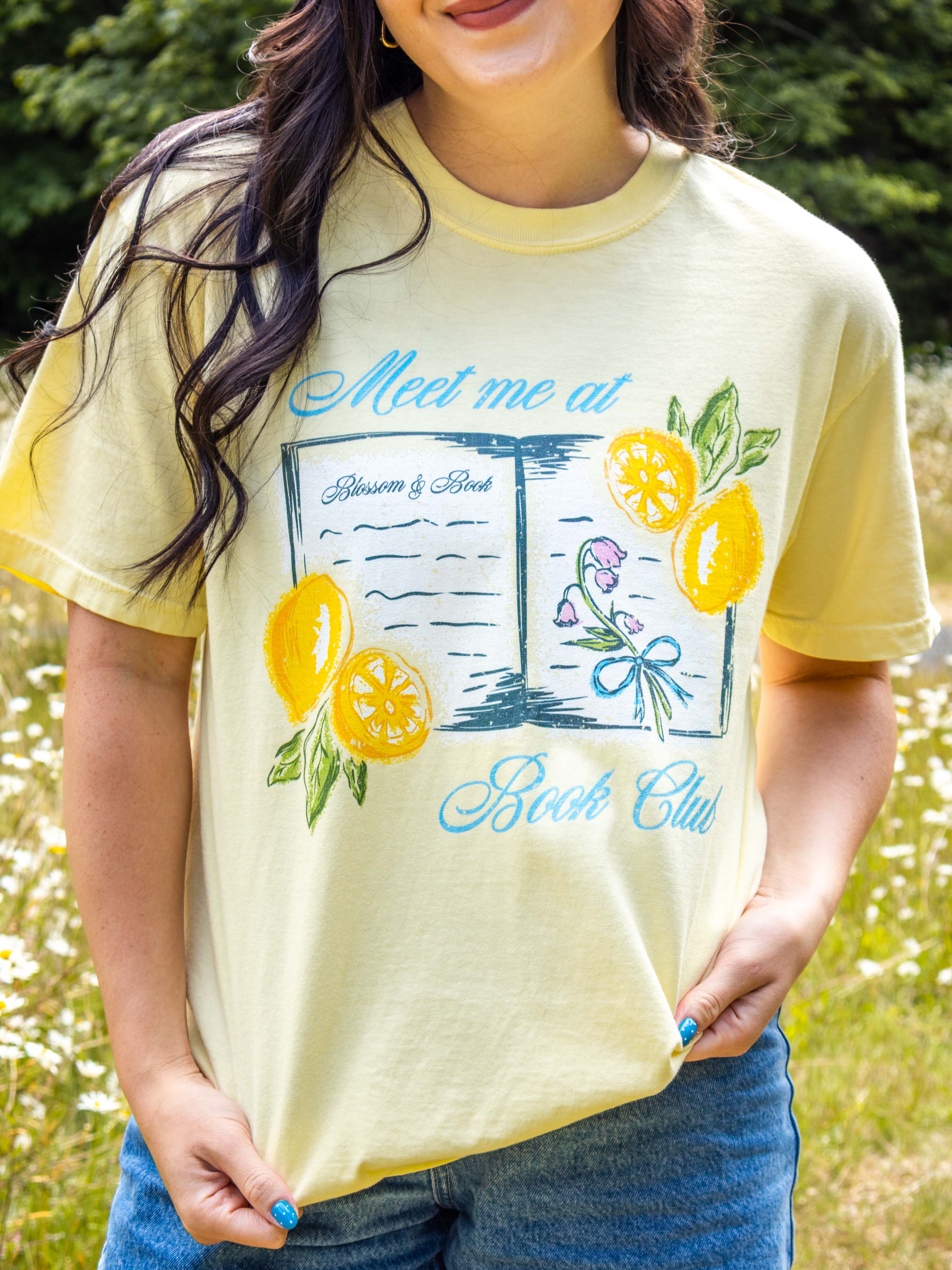 Bookish summer tee shirt, comfort colors, Meet me at book club, gift for book lovers, book merch, lemons