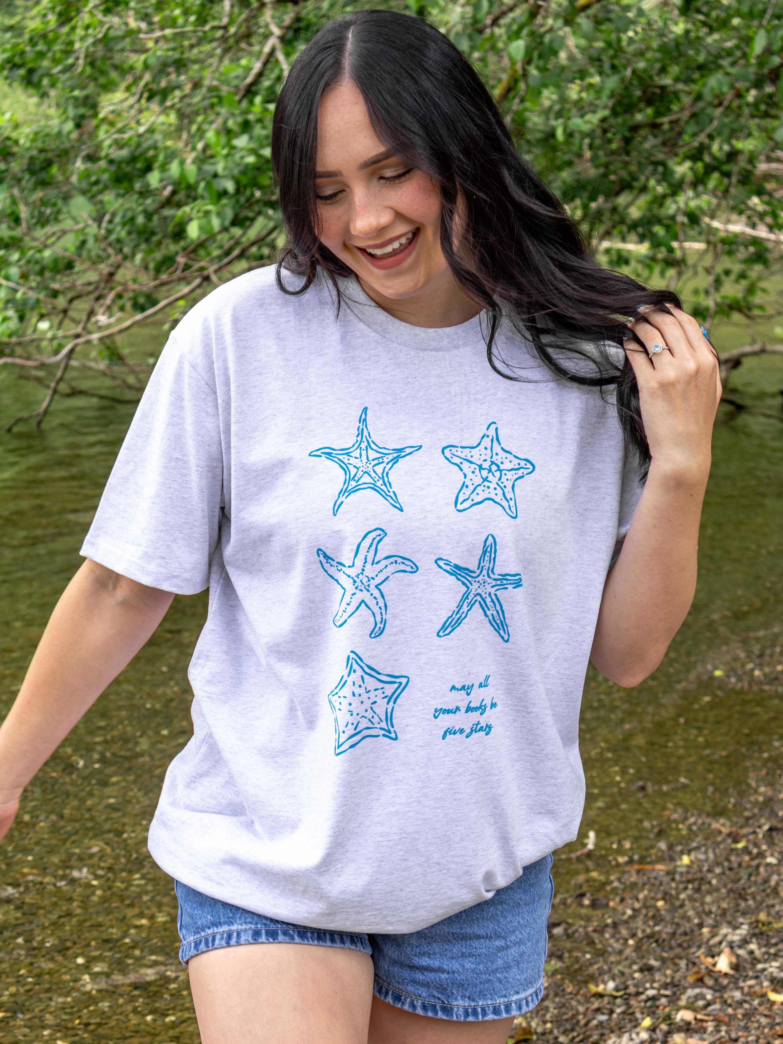 Bookish summer tee shirt, heather, may all your books be five stars, gift for book lovers, book merch, star fish
