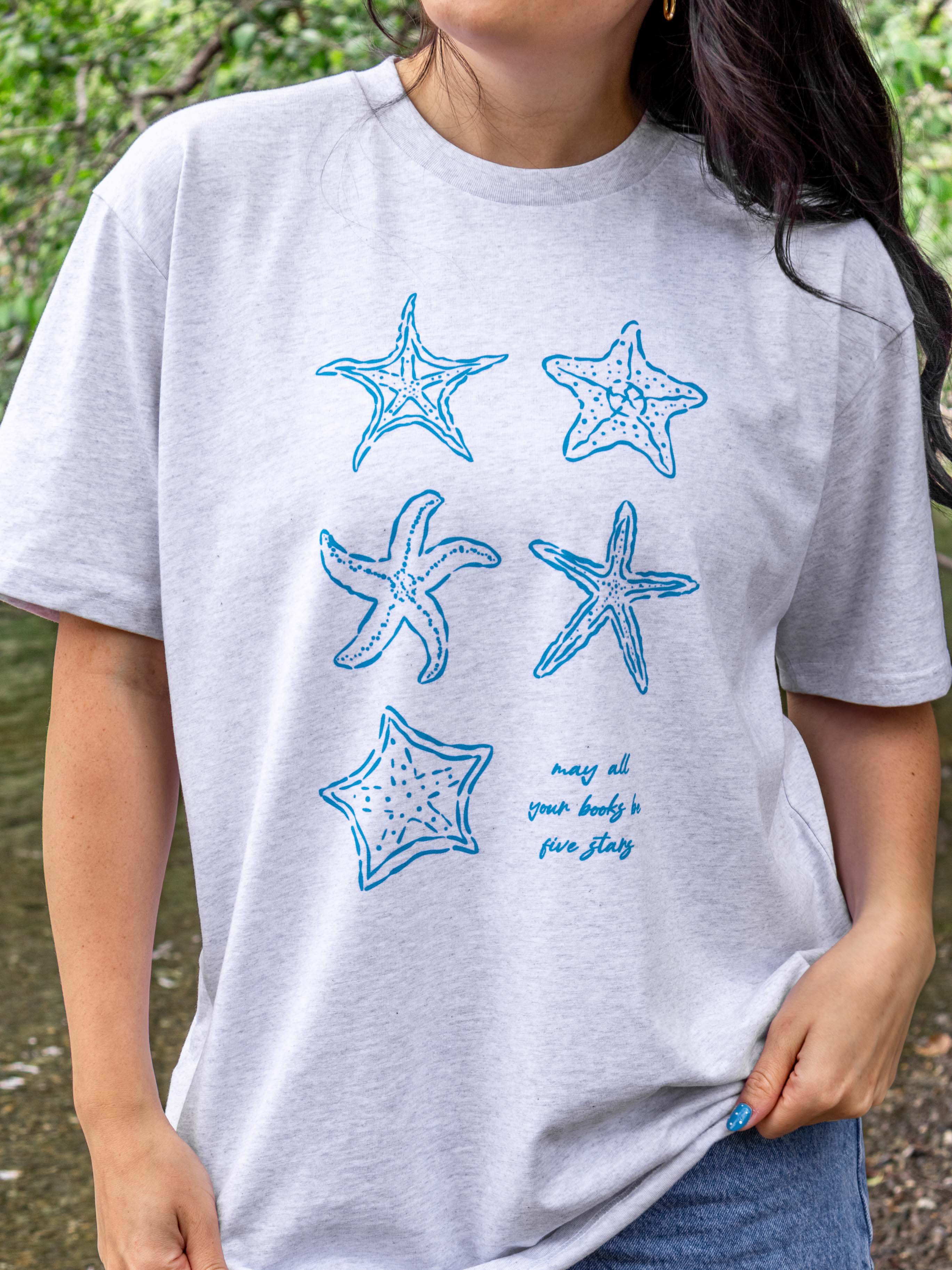 Bookish summer tee shirt, heather, may all your books be five stars, gift for book lovers, book merch, star fish