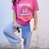 A pink t-shirt More Fantasy Less Reality, with a bookish graphic, Fantasy Romance merch, Gift for readers