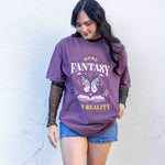 A purple t-shirt More Fantasy Less Reality, with a bookish graphic, Fantasy Romance merch, Gift for readers