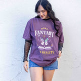 A purple t-shirt More Fantasy Less Reality, with a bookish graphic, Fantasy Romance merch, Gift for readers