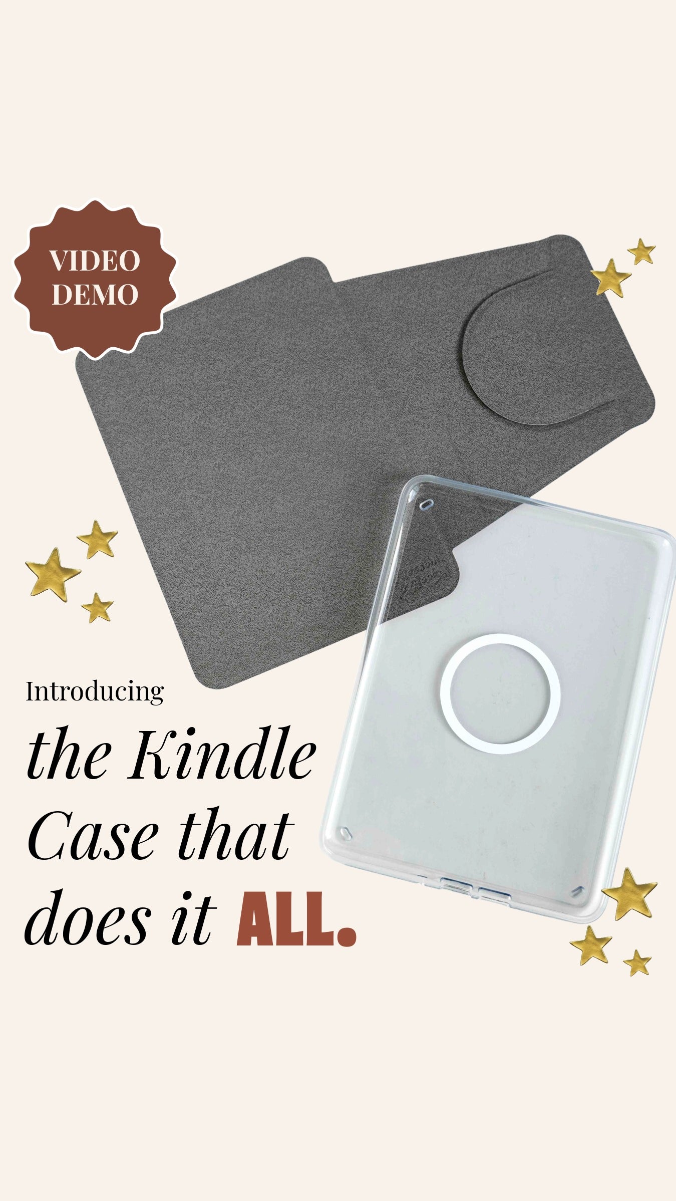 video demo of detachable clear back kindle case with stand and magsafe back