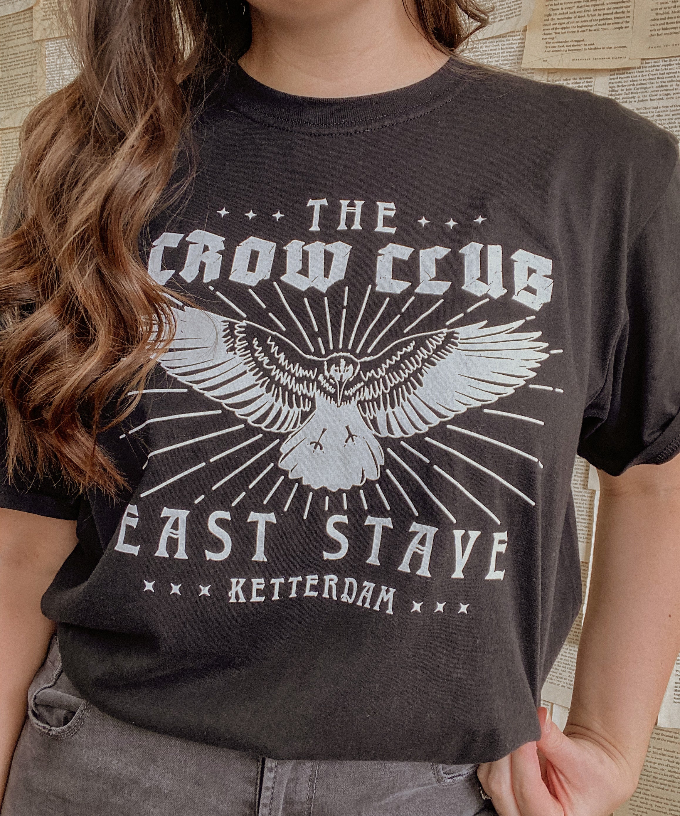model wearing crow club t-shirt